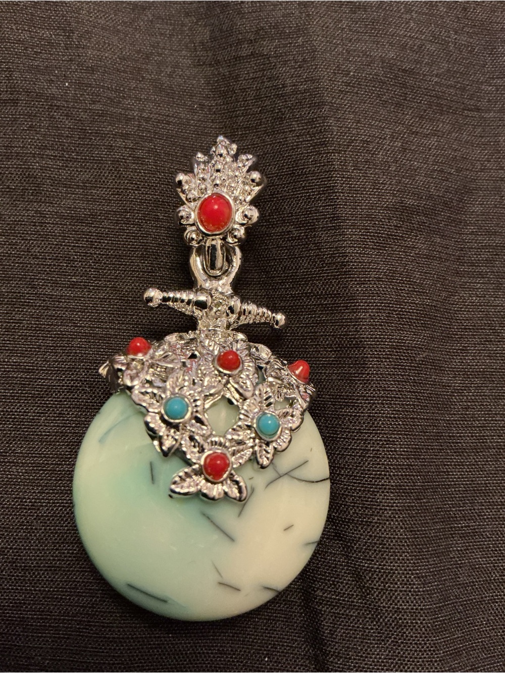 Silver-Tone Pendant Turquoise faux Green Stone and Red Accents